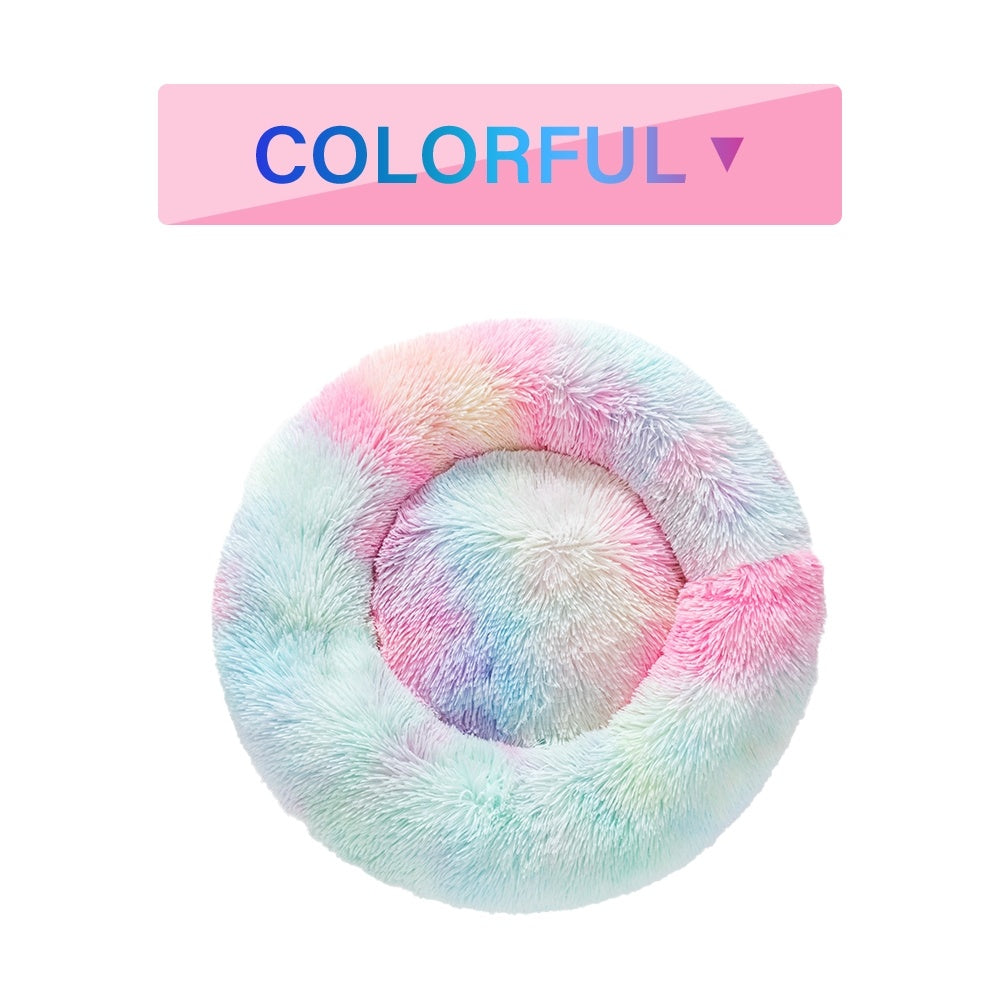 Fluffy Donut Dog Bed  Warm Soft Long Plush Pet Cushion.